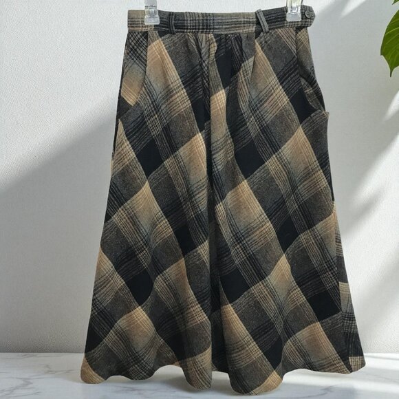 Vintage 70s A-Line Skirt Wool Plaid High Waist Pockets S, M - Picture 1 of 8